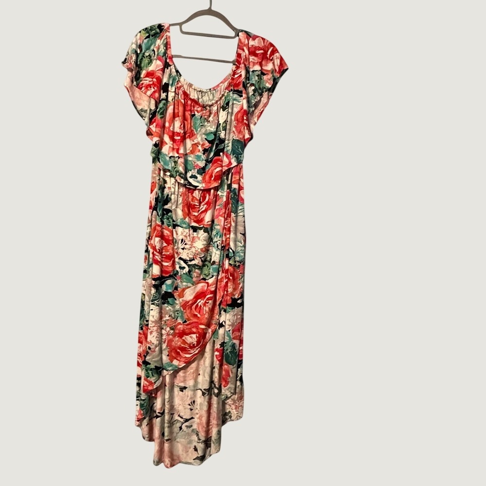 Sweet Lovely by Jen Floral Size L Maxi Dress Red Rose High Low Ruffle Neck 2135